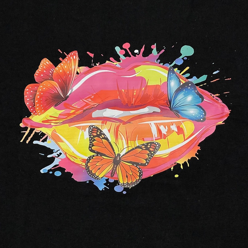 Gildan Butterfly Kisses Graphic T-Shirt Large Black Heavy Cotton New